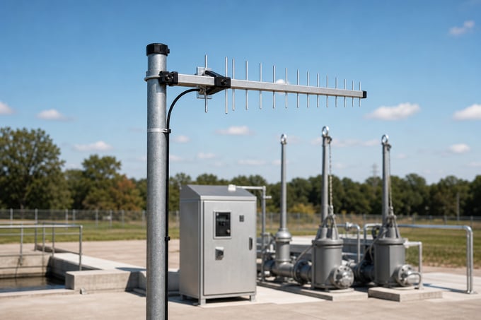 Yagi directional antennas on masts at a municipal wastewater lift station with SCADA control equipment